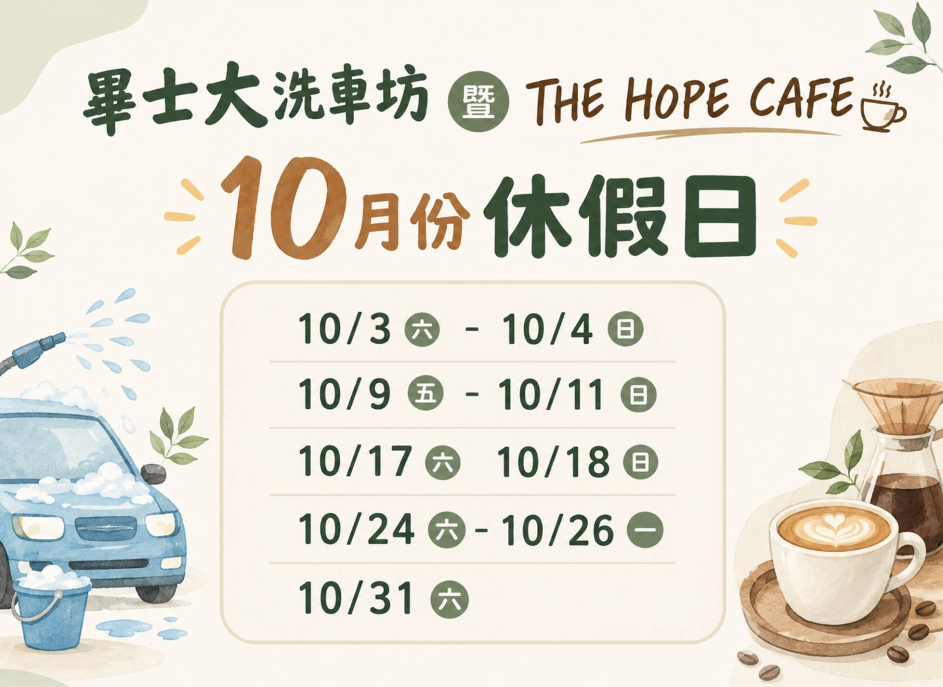 畢士大洗車坊 × THE HOPE CAFE 10月份休館日